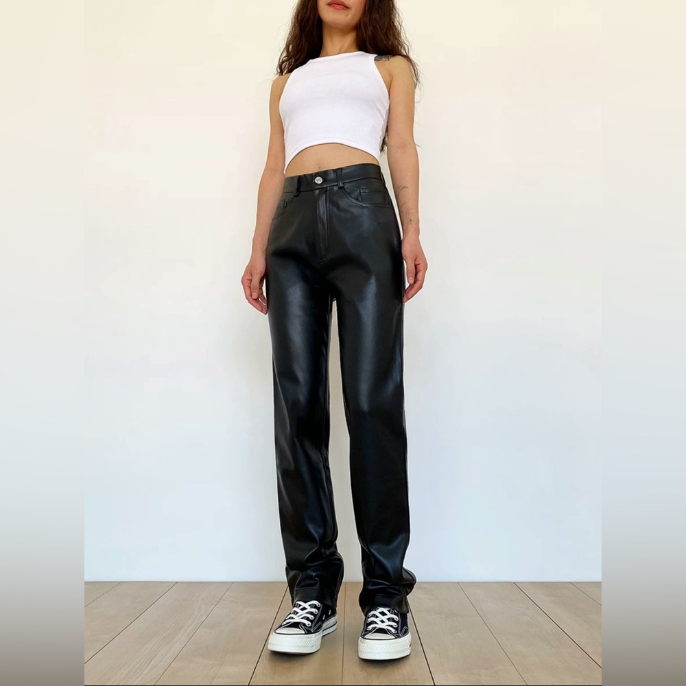 High waisted straight leg leather pants